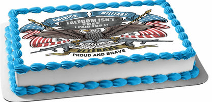 Decorative cake with American flag, eagle, and text on a white background