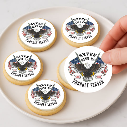 Custom Edible Cake Topper – Veterans Proudly Served Eagle Flag Design – Icing Sheet Cookie & Cupcake Images –20 Pre-cut 2” Round– RA Pape