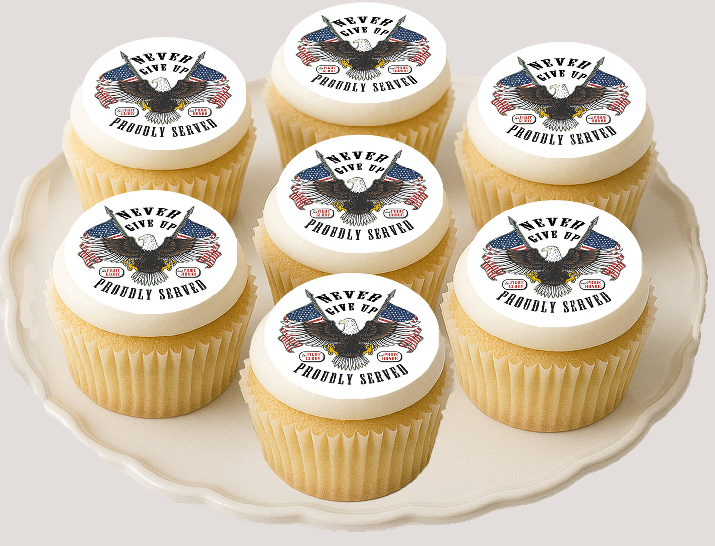 Cupcakes with 'Never Give Up, Proudly Served' 