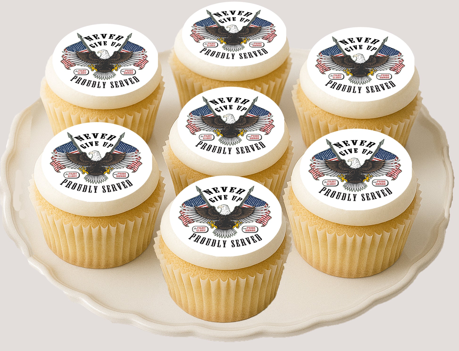 Cupcakes with 'Never Give Up, Proudly Served' 