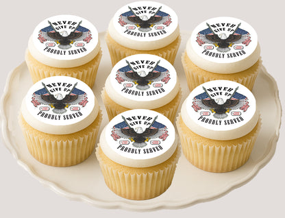 Cupcakes with 'Never Give Up, Proudly Served' 