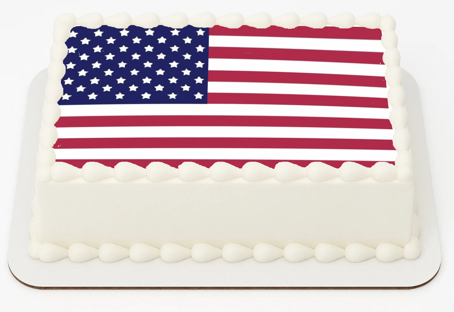 Sheet cake with American flag design on a white background