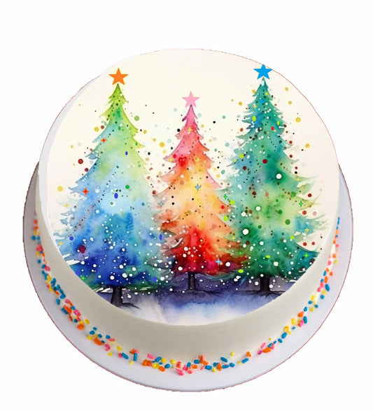 Vibrant Neon Christmas Trees Edible Image Cake Topper