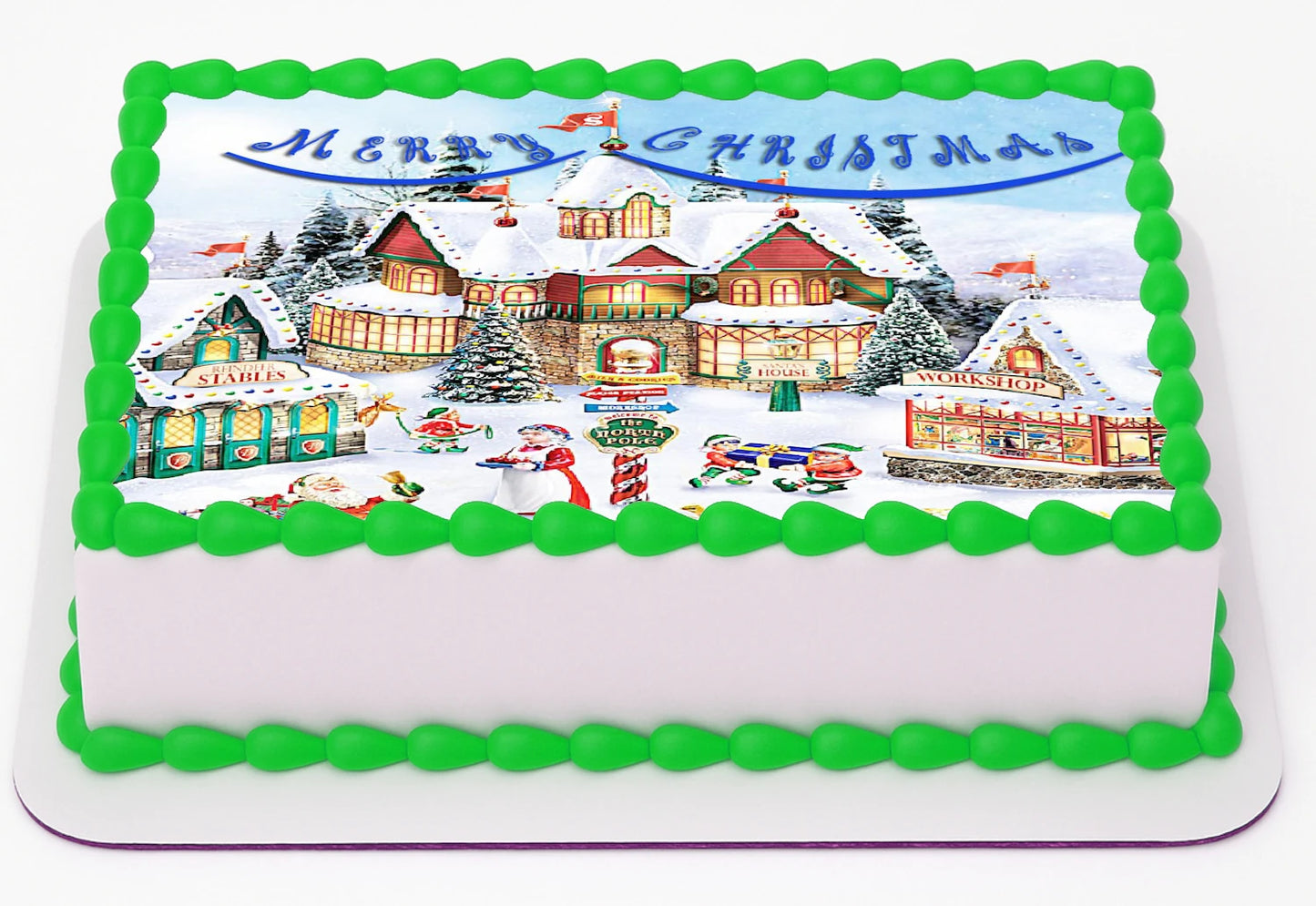 Vibrant Santa Workshop Christmas Edible Cake Image  showcasing  Merry Christmas happy singing and dancing on top a frosted sheet cake.