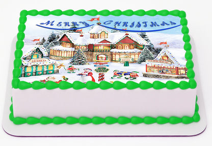 Vibrant Santa Workshop Christmas Edible Cake Image  showcasing  Merry Christmas happy singing and dancing on top a frosted sheet cake.