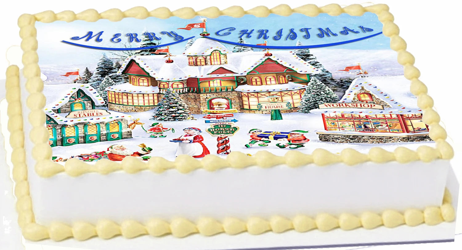 Edible Icing Images Sheet Cake Topper with Vibrant Santa Workshop Christmas-themed decoration
