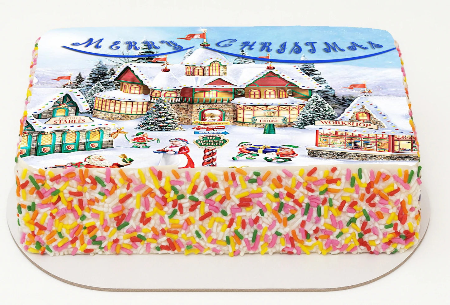 Edible Icing Image Christmas Sheet Cake Topper with Vibrant Santa Workshop Christmas themed decoration