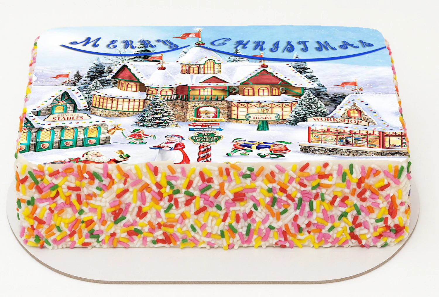 Edible Icing Image Christmas Sheet Cake Topper with Vibrant Santa Workshop Christmas themed decoration