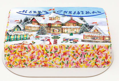Edible Icing Image Christmas Sheet Cake Topper with Vibrant Santa Workshop Christmas themed decoration