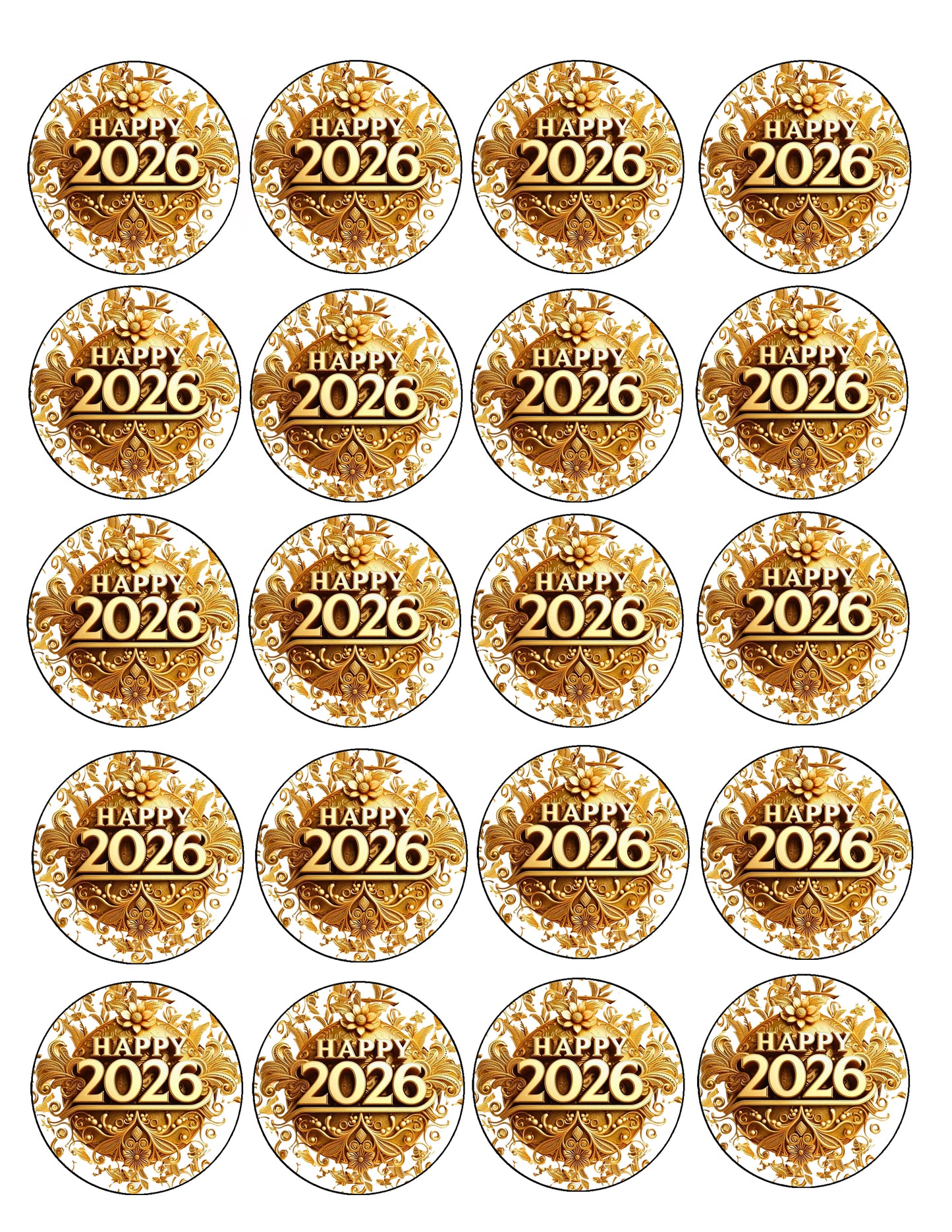 Set of 20 round stickers Vintage Gold New Year Edible Image Sheet Topper
