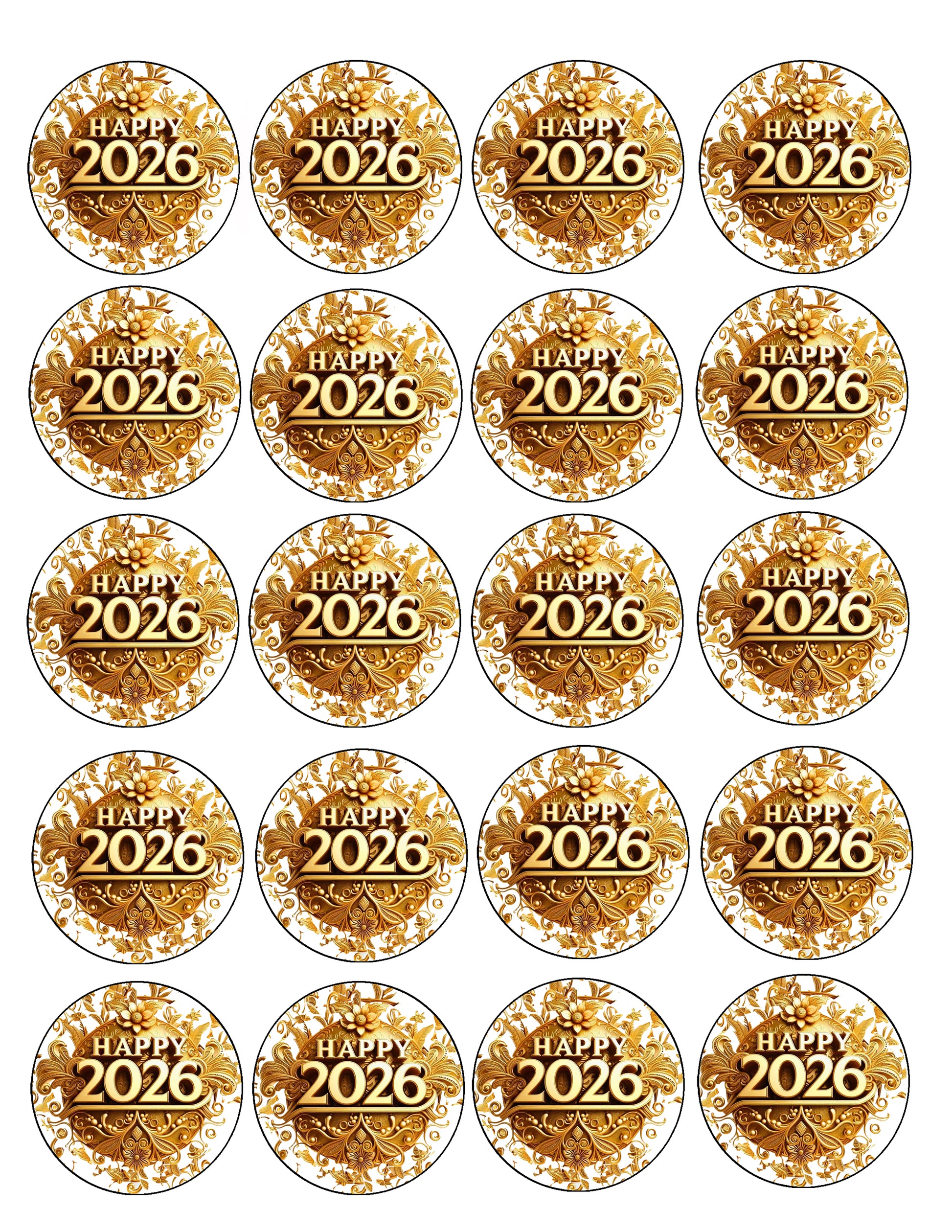 Set of 20 round stickers Vintage Gold New Year Edible Image Sheet Topper