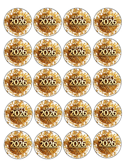 Set of 20 round stickers Vintage Gold New Year Edible Image Sheet Topper