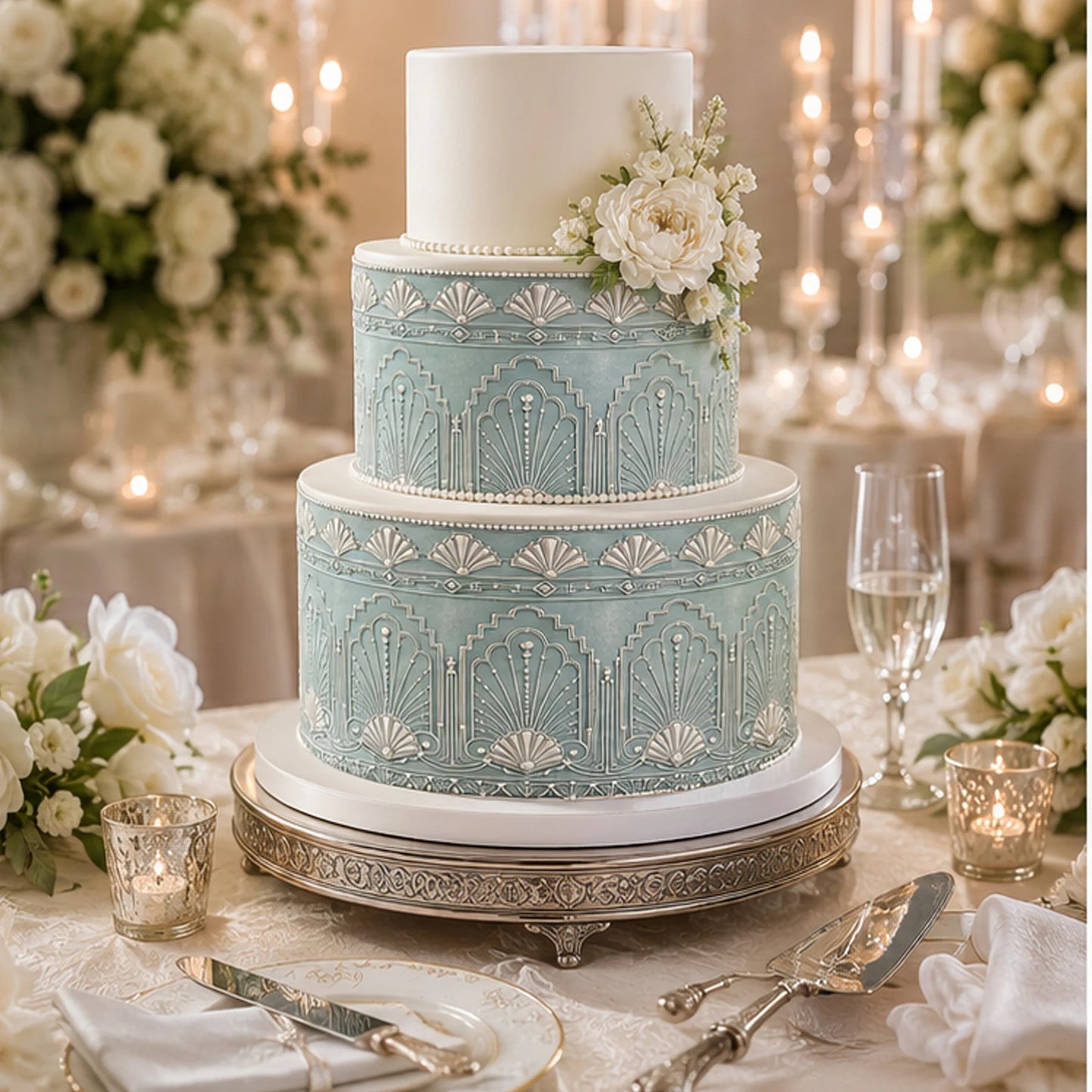 Vintage Wedding Art Deco Edible Image Cake Wrap - Seamless -  Precut Icing Sheet  Elegent Setting