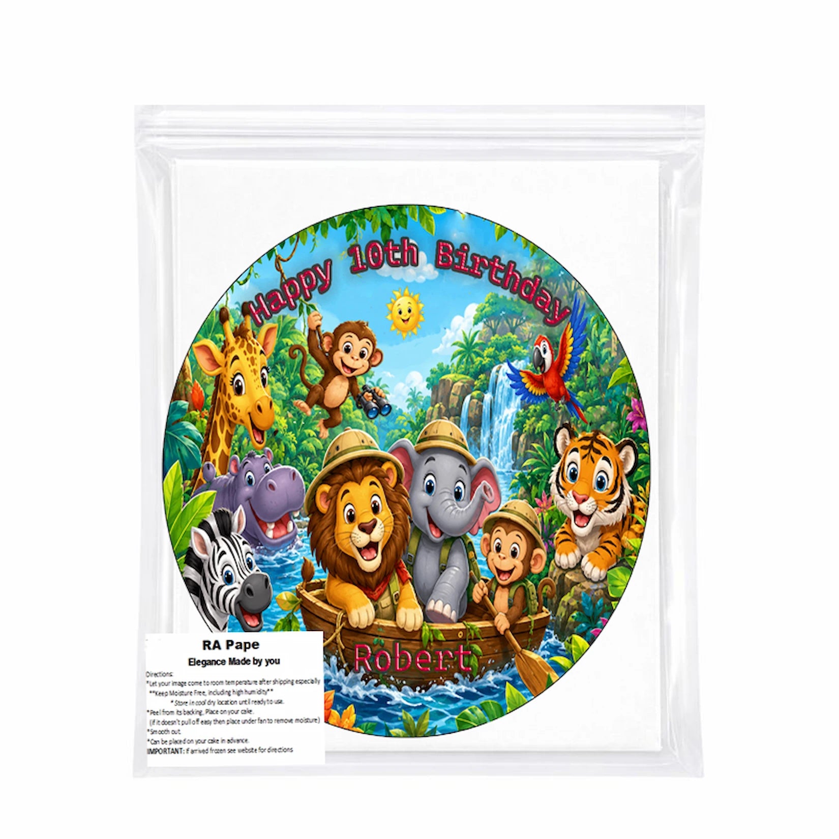 We Send you 1 Custom Edible Image Cake Topper - Jungle Safari Adventure Birthday - Precut 8" Icing Sheet - RA Pape Sealed in a plaastic bag