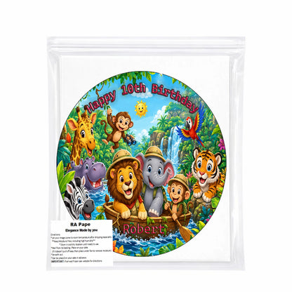 We Send you 1 Custom Edible Image Cake Topper - Jungle Safari Adventure Birthday - Precut 8" Icing Sheet - RA Pape Sealed in a plaastic bag