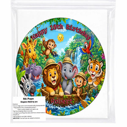 We Send you 1 Jungle Safari Birthday Edible Image Cake Topper - Precut 8" Icing Sheet - RA Pape Sealed in a plaastic bag
