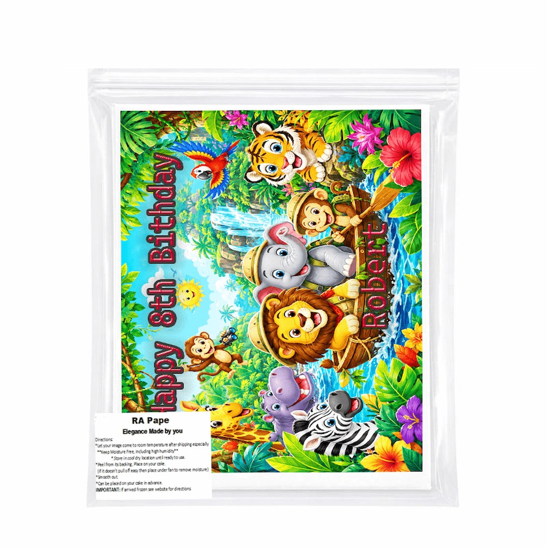 We send you 1 Custom Edible Image Cake Topper - Jungle Safari Adventure Birthday - 1/4 Icing Sheet - RA Pape Sealed in a bag
