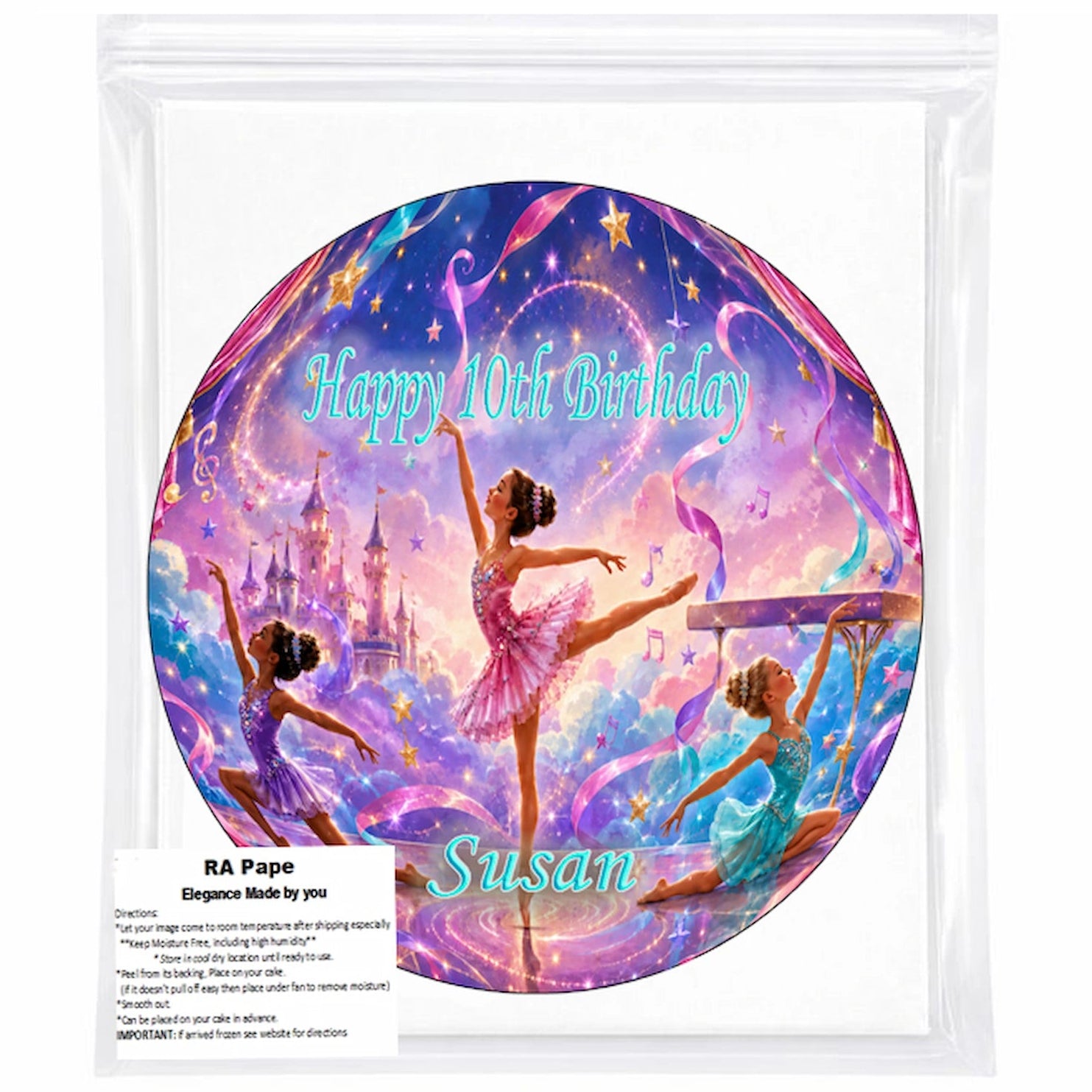 We send you 1 Custom Edible Image Cake Topper - Princess Ballerina Birthday - precut 8" Icing Sheet - RA Pape sealed in it's own bag