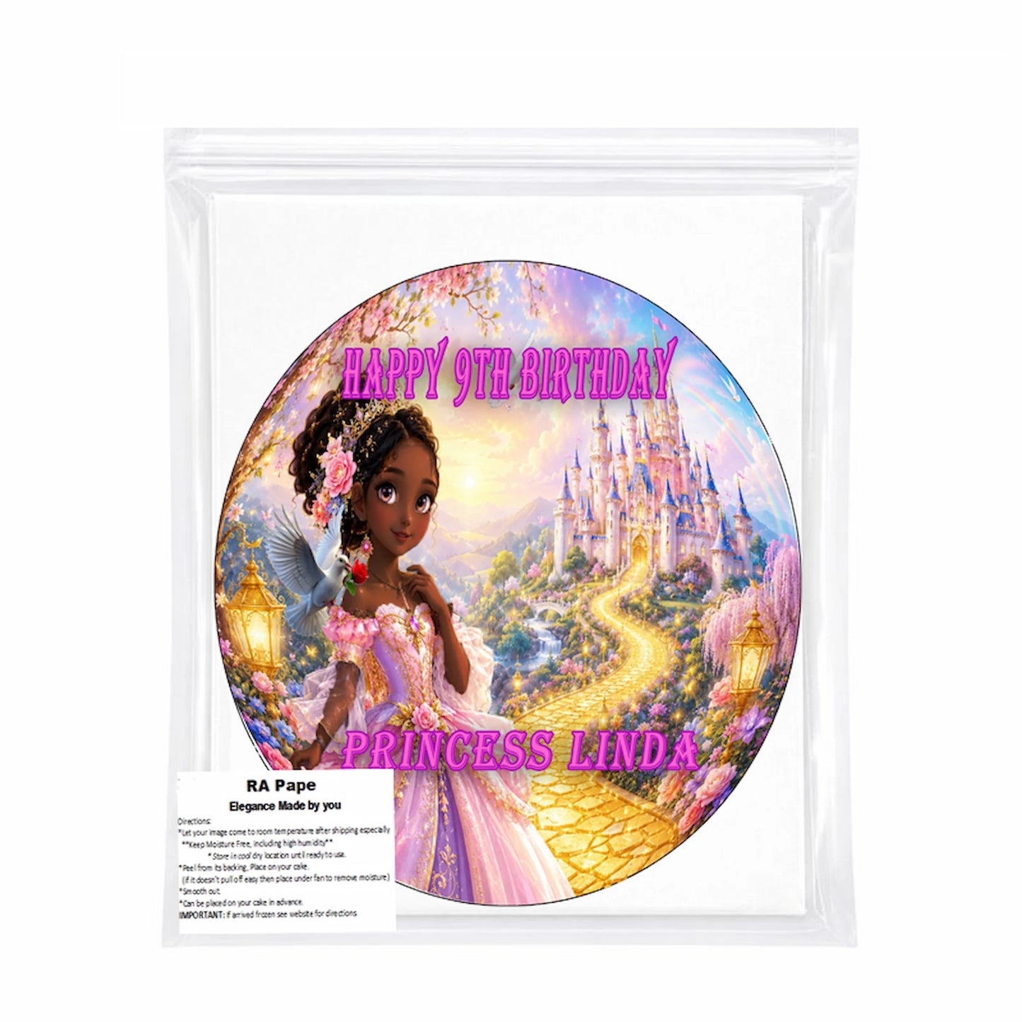 We send you 1 Beautiful Princess Birthday Party Edible Image Cake Topper - Precut 8" Icing Sheet - RA Pape sealed in a bag