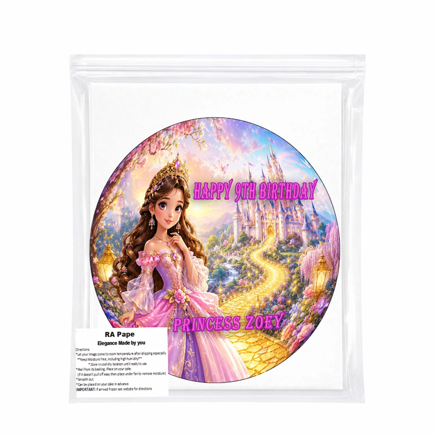 We send you 1 Custom Edible Image Cake Topper - Birthday Princess - precut 8" Icing Sheet - RA Pape Seaed in it's own bag