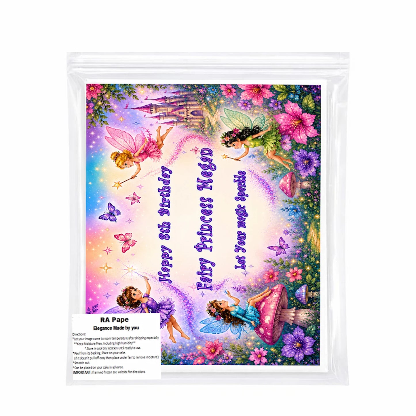 we send yoou 1 Custom Edible Image Cake Topper - Magical Fairy Princess Birthday -1/4 Icing Sheet - RA Pape Sealed in a plastic bag