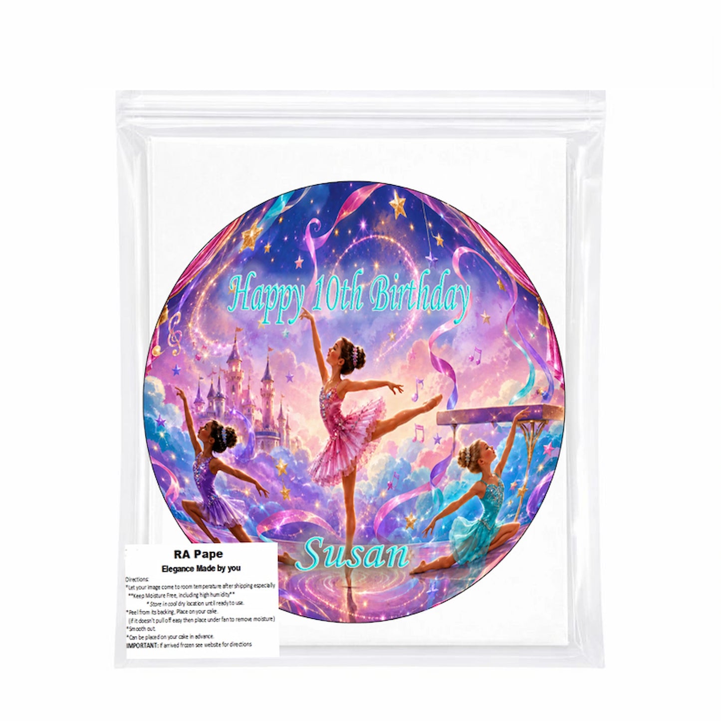 We send you 1 Custom Edible Image Cake Topper - Princess Ballerina Birthday - precut 8" Icing Sheet - RA Pape sealed in it's own bag
