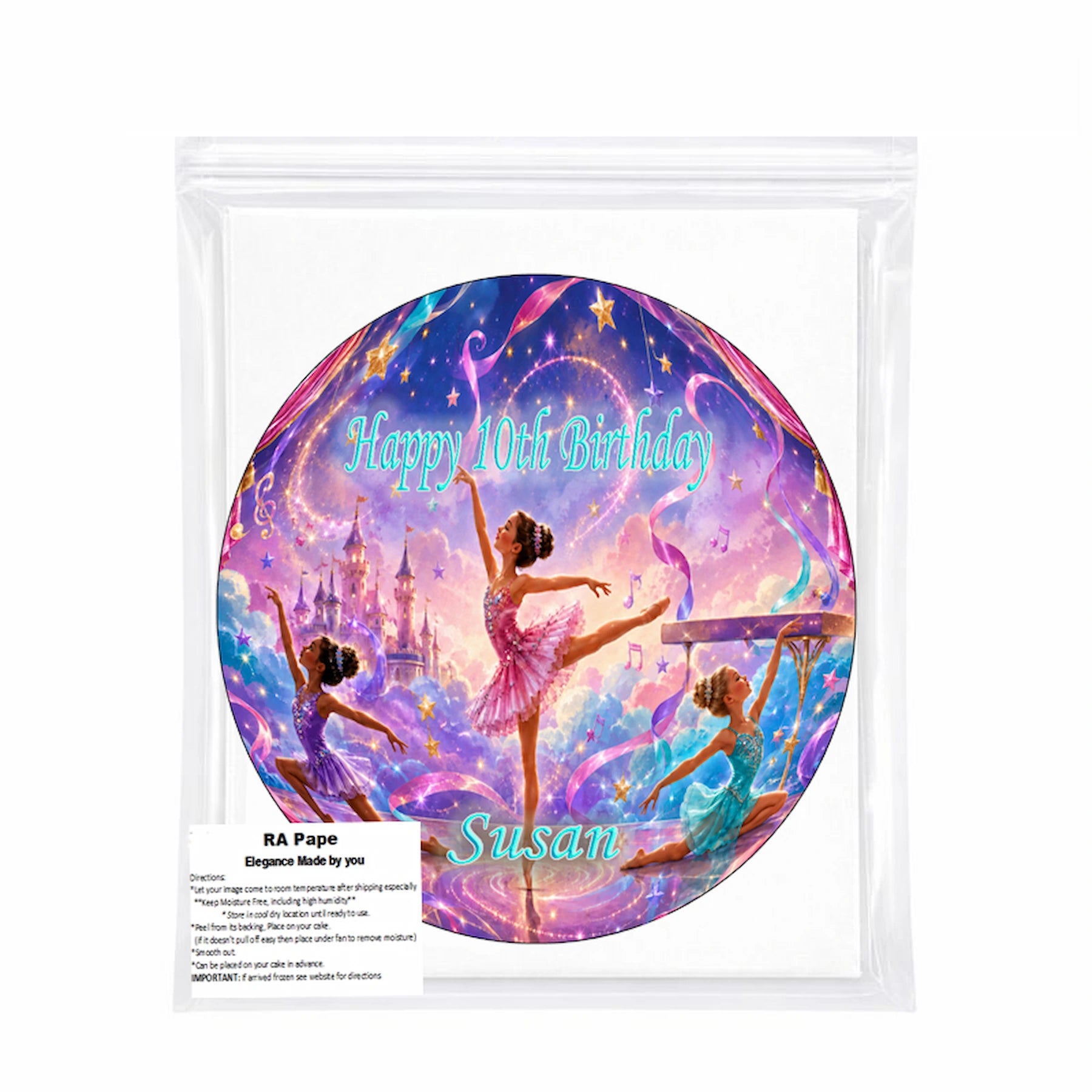 We send you 1 Custom Edible Image Cake Topper - Princess Ballerina Birthday - precut 8" Icing Sheet - RA Pape sealed in it's own bag