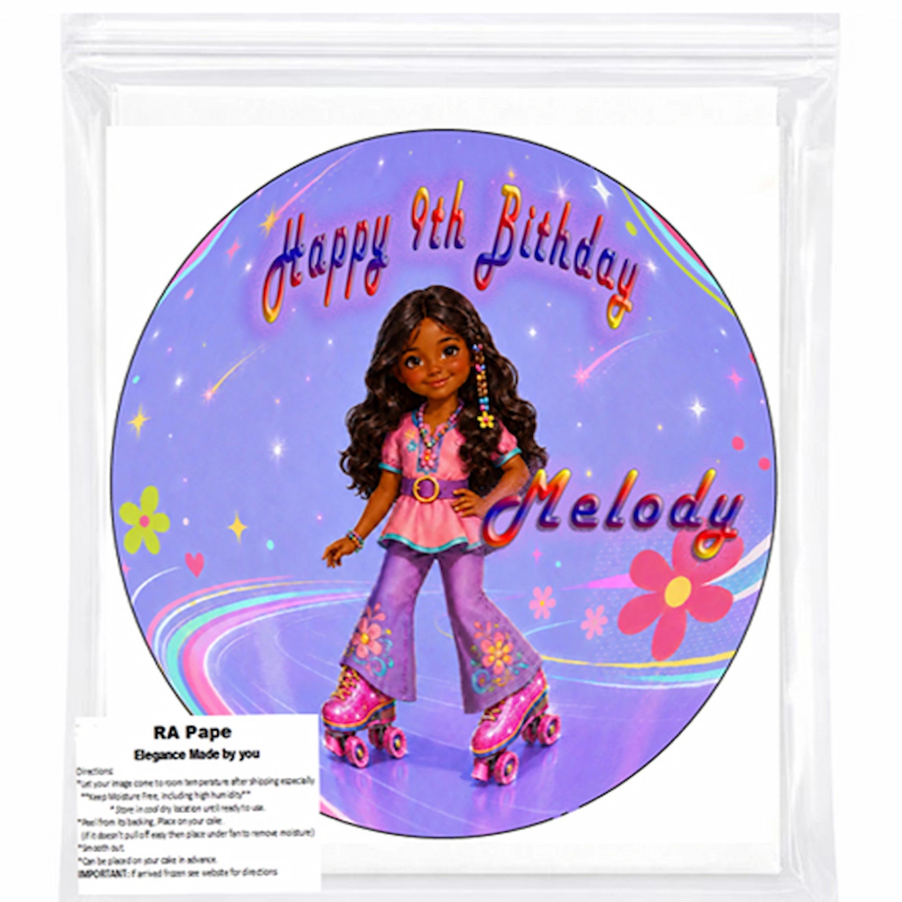 we send you 1 Fashion Doll Roller Skater Edible Image Cake Topper - precut 8" Icing Sheet - RA Pape sealed in it's own bag