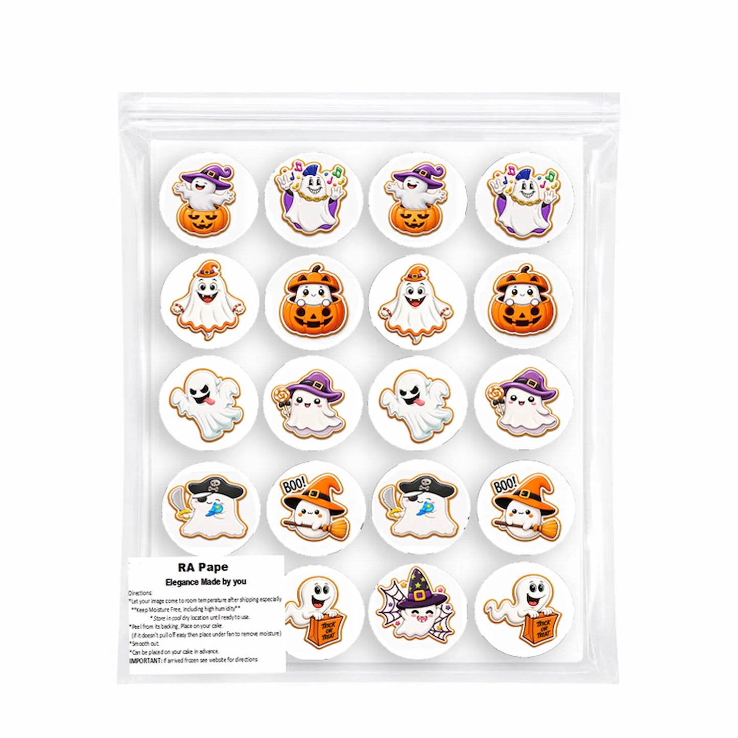 We send you 1 set Halloween Edible Image Cookie-Cupcake Topper Ghostly Delights-20- 2" Precut Icing Sheet- RA Pape  sealed in it's own bag