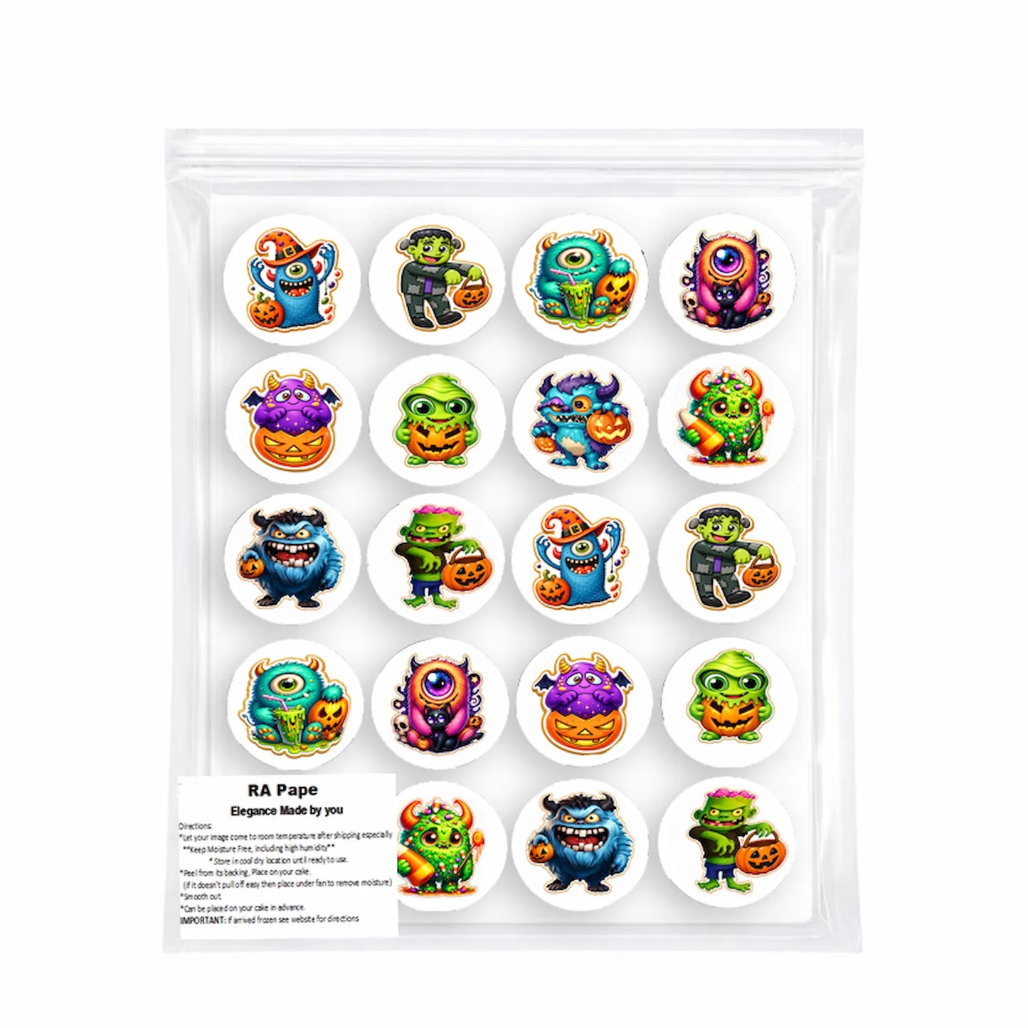 We  send you 1 set Halloween Edible Image Cookie & Cupcake Topper Little Monsters - 20- 2" Precut Icing Sheet- RA Pape Sealed in it's bag