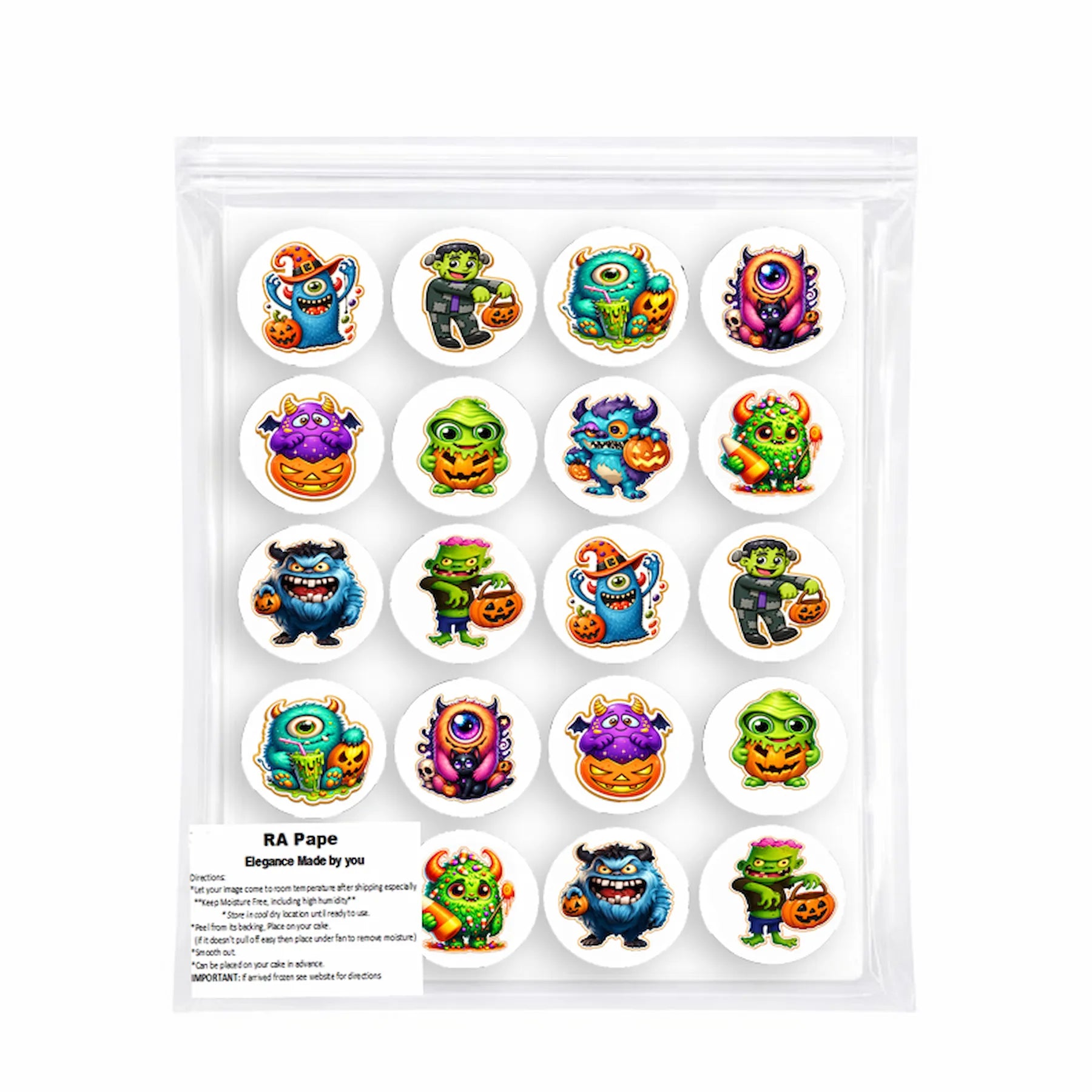 We  send you 1 set Halloween Edible Image Cookie & Cupcake Topper Little Monsters - 20- 2" Precut Icing Sheet- RA Pape Sealed in it's bag