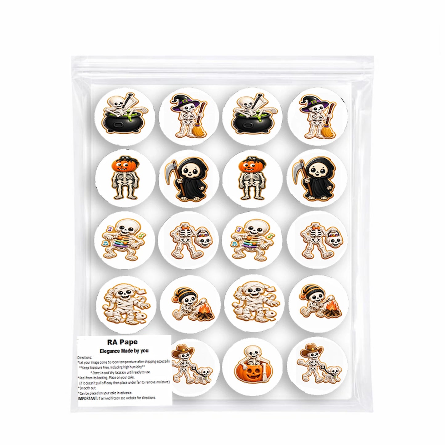We send you 1 set Halloween Edible Image Cookie & Cupcake Topper Skeleton Crew - 20 Precut Icing Sheet- RA Pape sealed in it's own bag