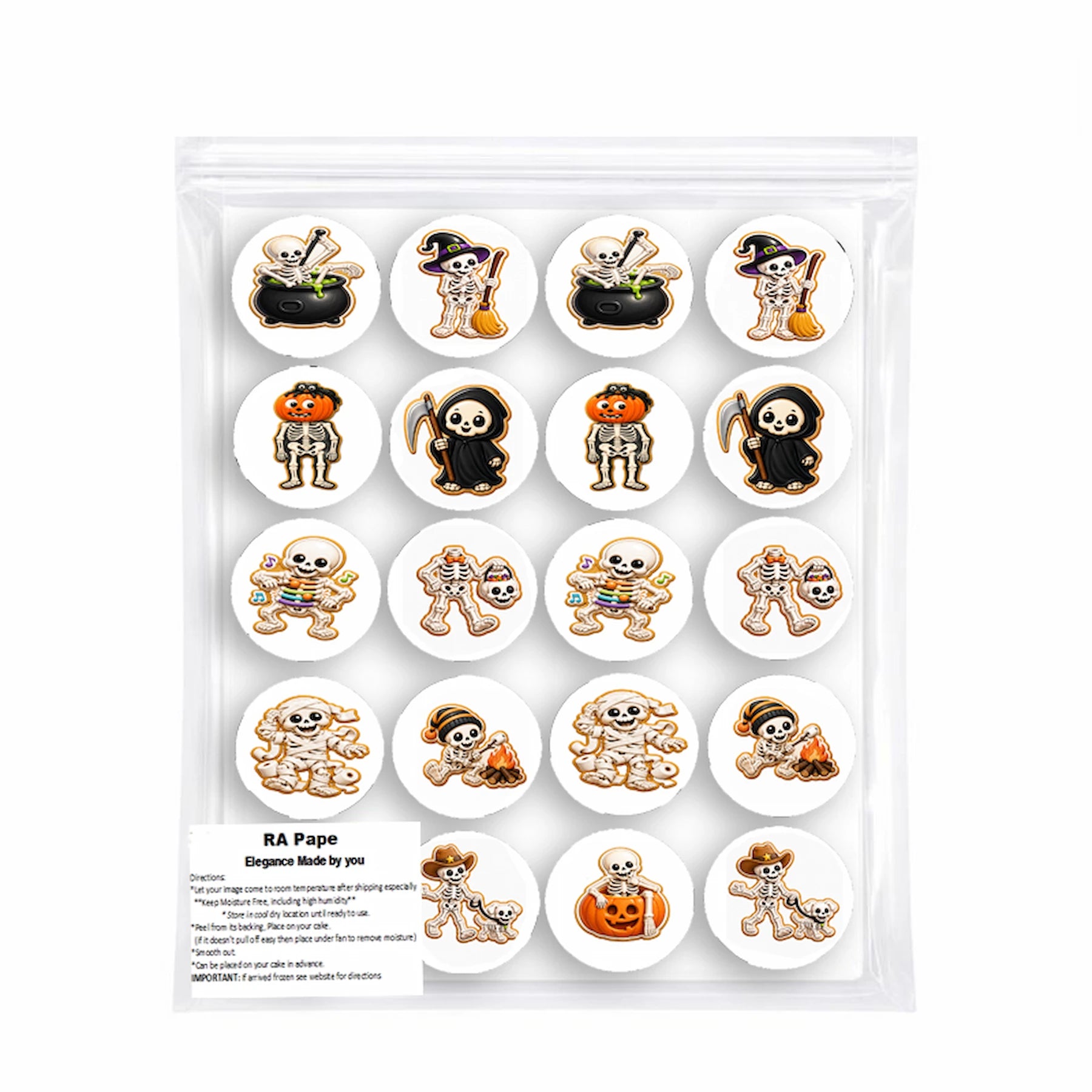 We send you 1 set Halloween Edible Image Cookie & Cupcake Topper Skeleton Crew - 20 Precut Icing Sheet- RA Pape sealed in it's own bag