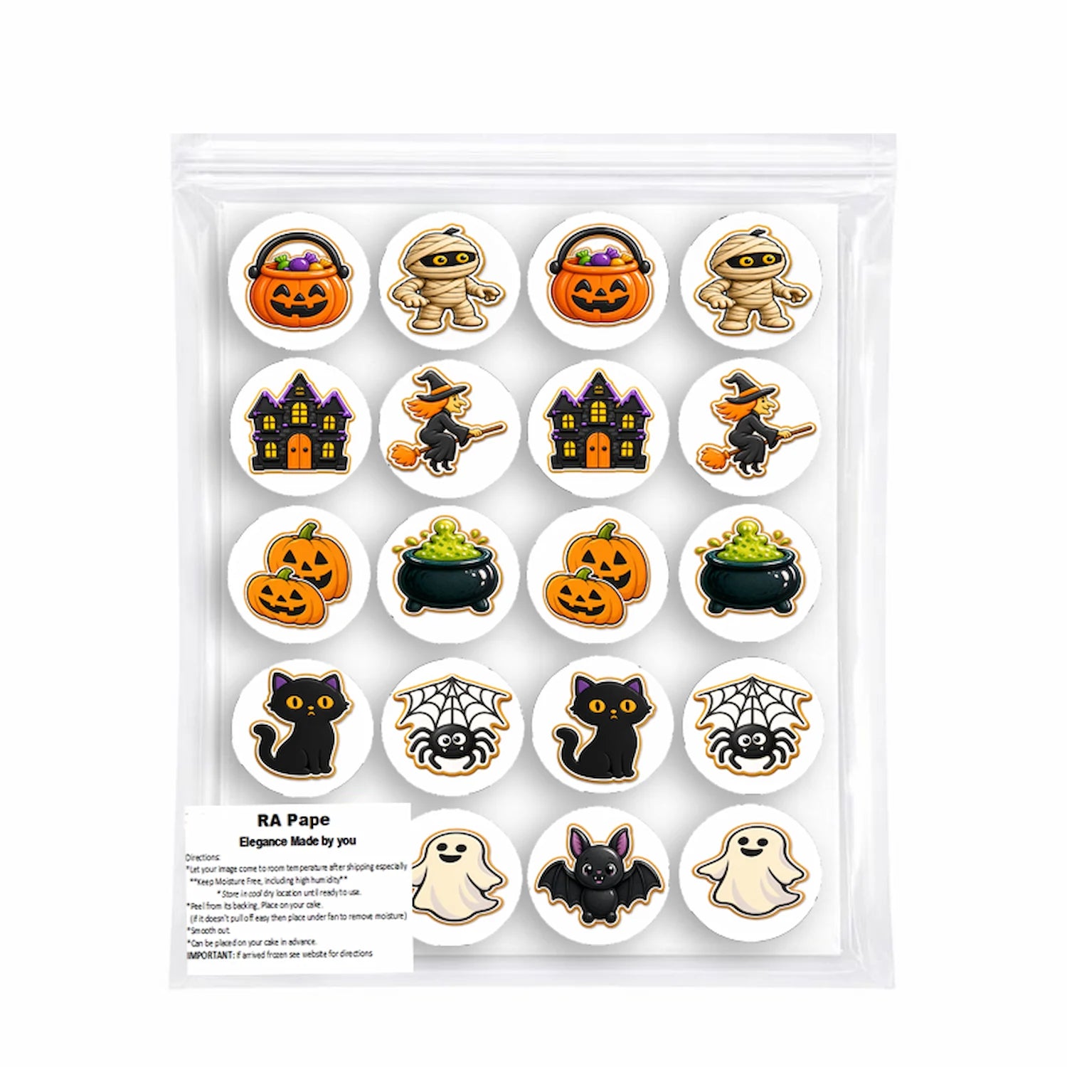 We send you 1 set Halloween Edible Image Cookie & Cupcake Topper Trick or Treat Crew - 20 Precut Icing Sheet- RA Pape  sealed in its own bag