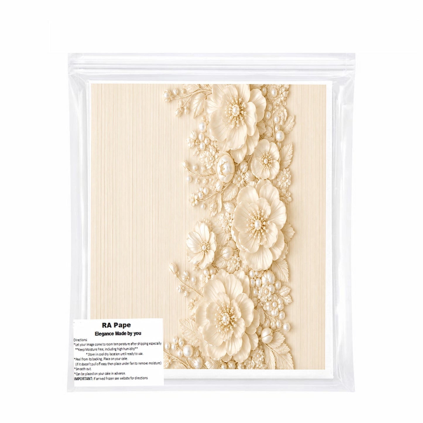 We send you Precut to fit your cake Ivory Wedding Custom Edible Image Cake Wrap – Seamless Icing Sheet - RA Pape sealed in it's own bag 