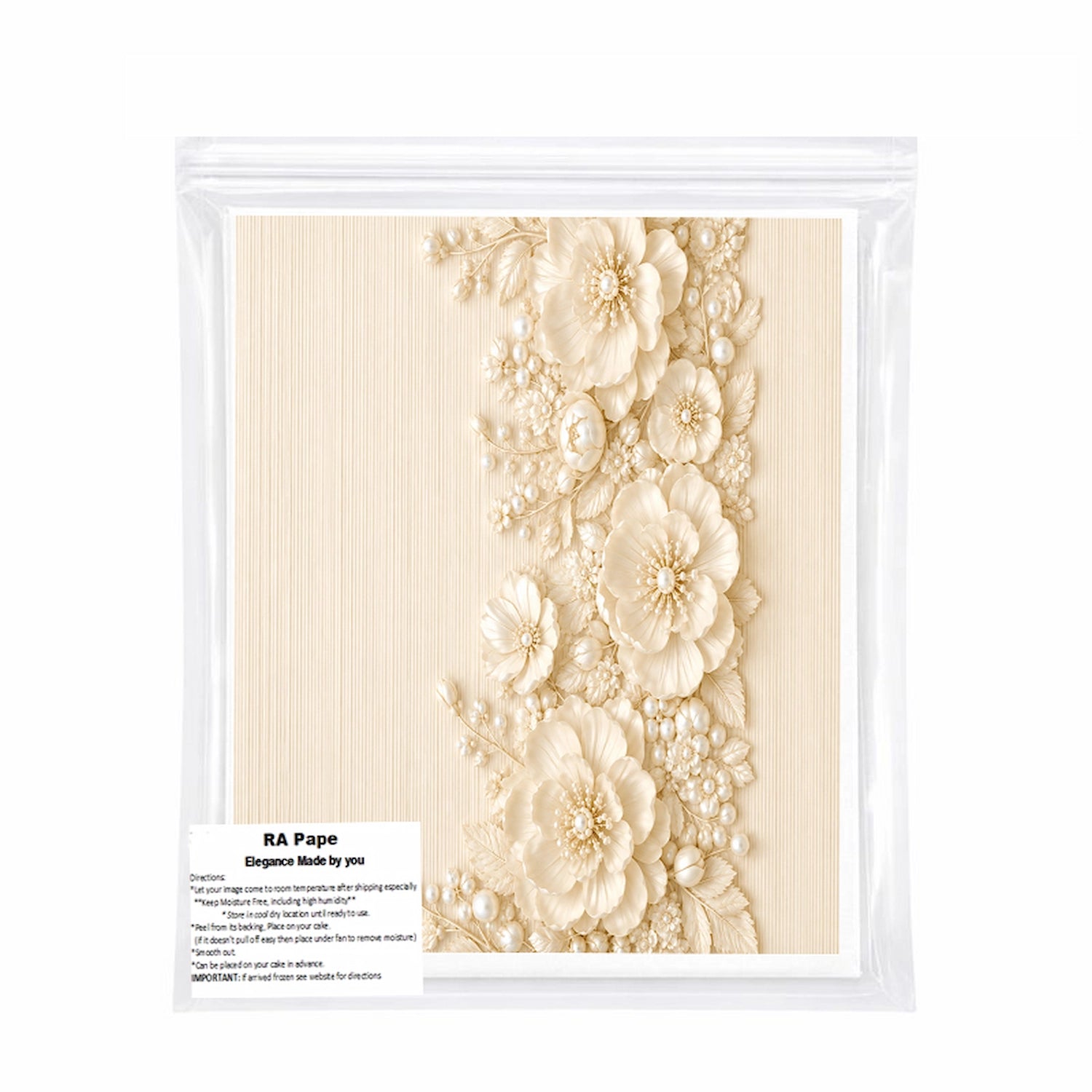 We send you Precut to fit your cake Ivory Wedding Custom Edible Image Cake Wrap – Seamless Icing Sheet - RA Pape sealed in it's own bag 