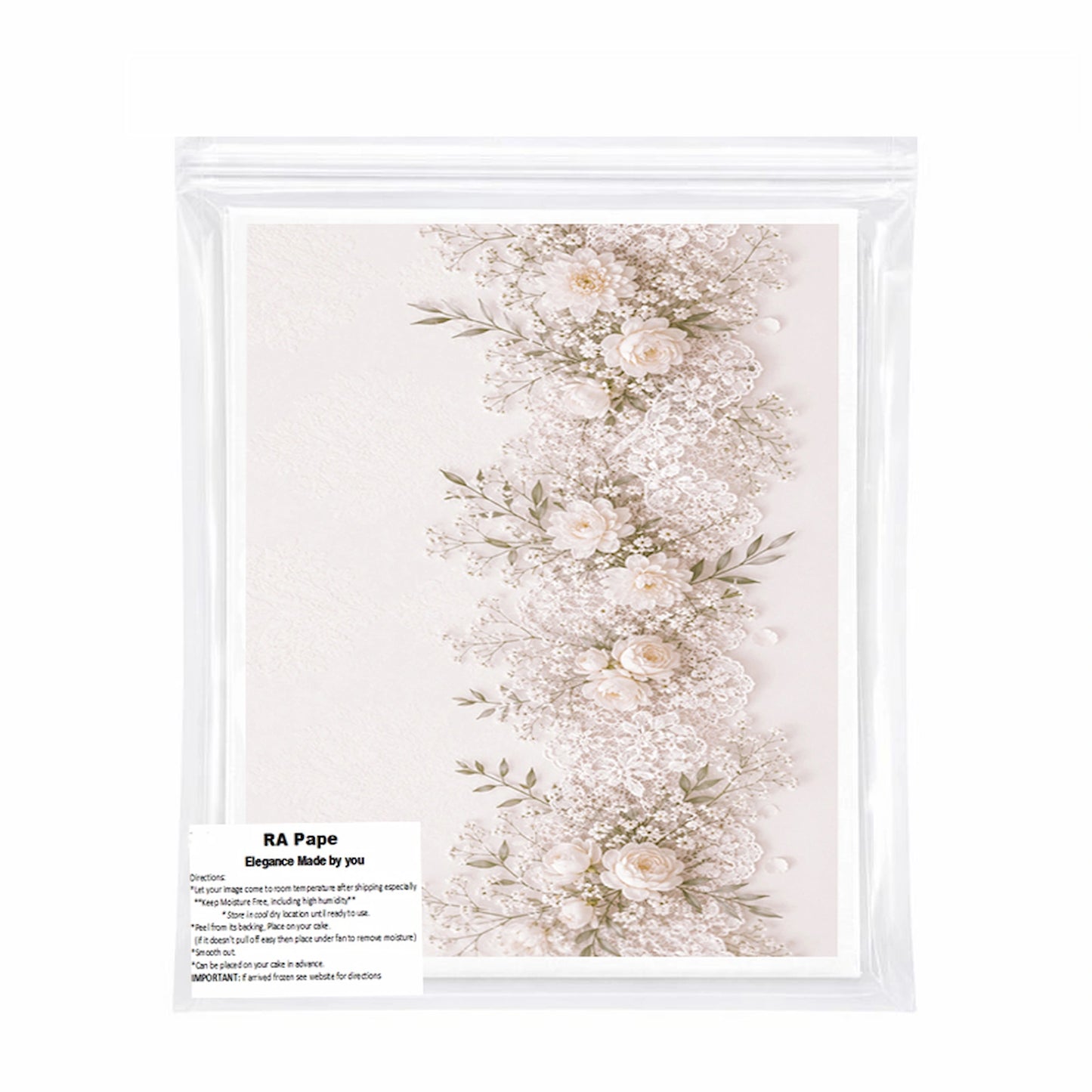 We send you precut ro fit your Lace and Baby’s Breath Wedding Custom Edible Image Cake Wrap – Seamless Icing Sheet - RA Pape