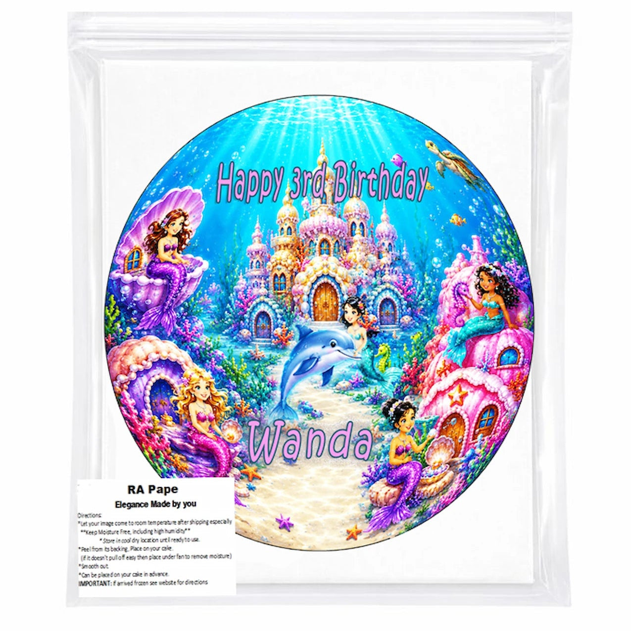 We send you 1 Mermaid Under The Sea Birthday Edible Image Cake Topper - Precut 8" Icing Sheet Sealed in a bag