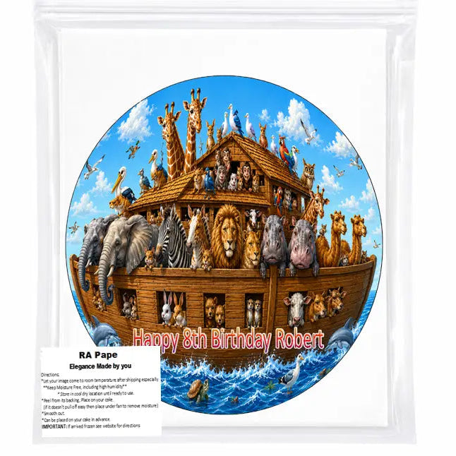 We ship you Noah's Ark Birthday Edible Image Cake Topper - precut 8" Icing Sheet - RA Pape Sealed in it's own bag