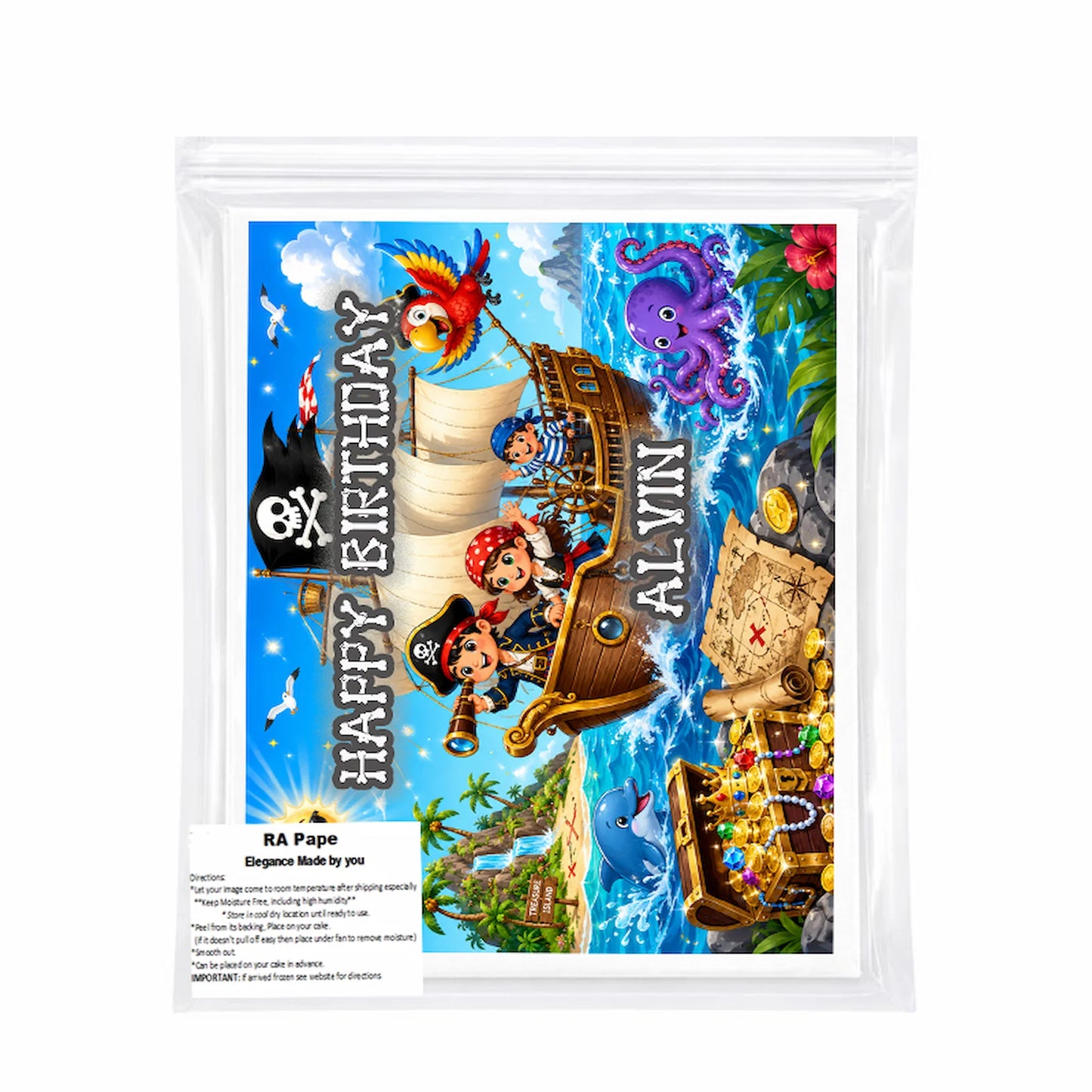 We send you 1 Pirate Treasure Birthday Adventure Edible Image Cake Topper- 1/4 Icing Sheet - RA Pape sealed in a bag