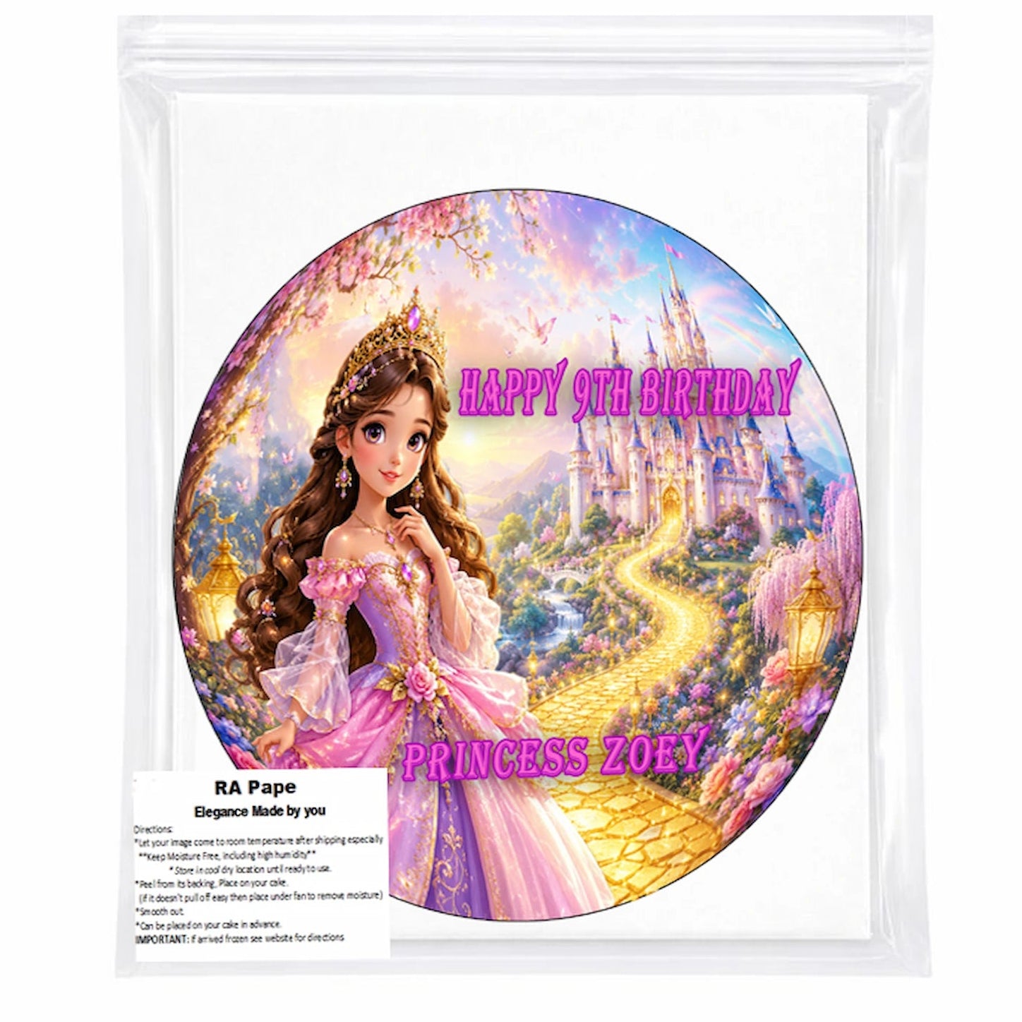 We send you 1 Princess Birthday Edible Image Cake Topper -  Precut 8" Icing Sheet - RA Pape Sealed in it's own bag