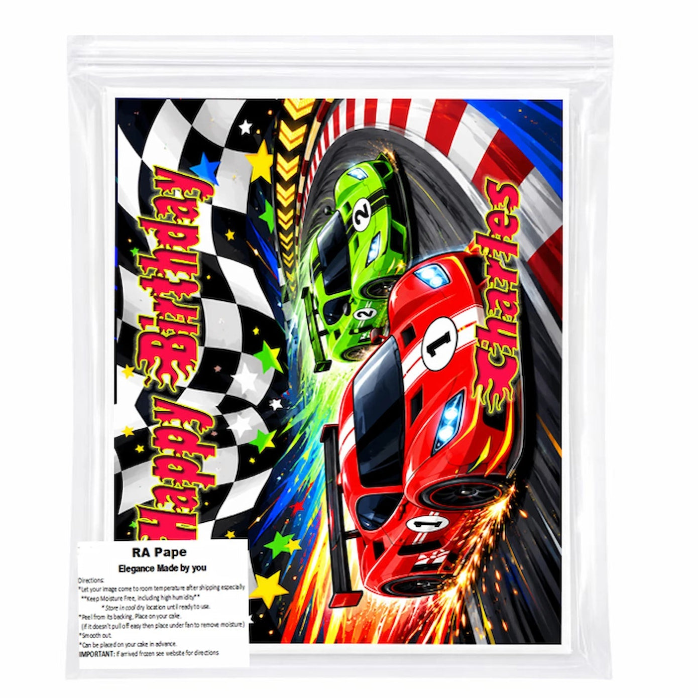 We send you 1 Race Car Birthday Edible Image Cake Topper - 1/4 Icing Sheet - RA Pape Sealed in it's own bag