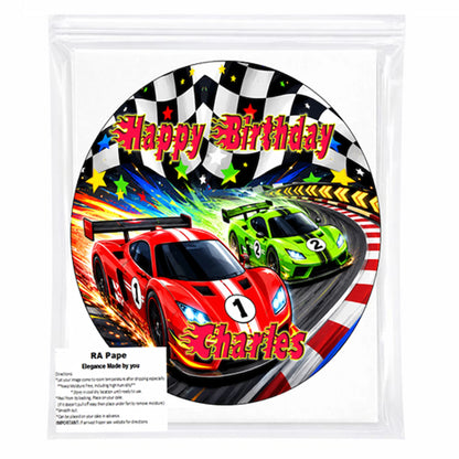 We send you Race Car Birthday Edible Image Cake Topper - 8" Icing Sheet - RA Pape