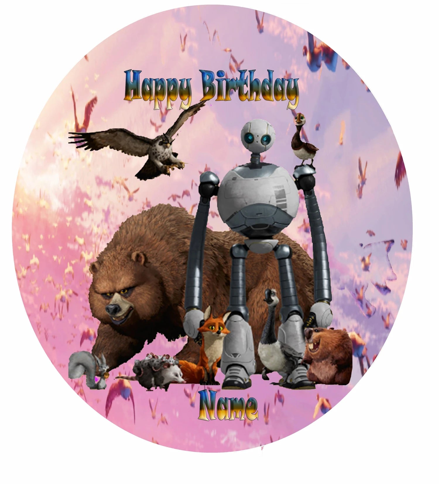 Round birthday edible icing image  with a robot, bear, and other animals with 'Happy Birthday' text.
