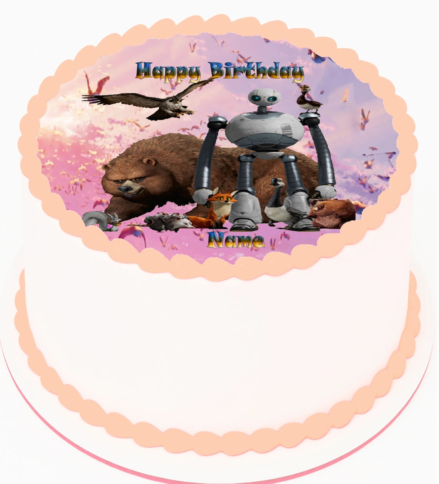 Edible Icing Imagess Birthday cake Topper with a cartoon wild robot character and 'Happy Birthday' customizable Name