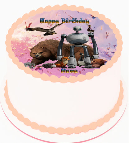Edible Icing Imagess Birthday cake Topper with a cartoon wild robot character and 'Happy Birthday' customizable Name