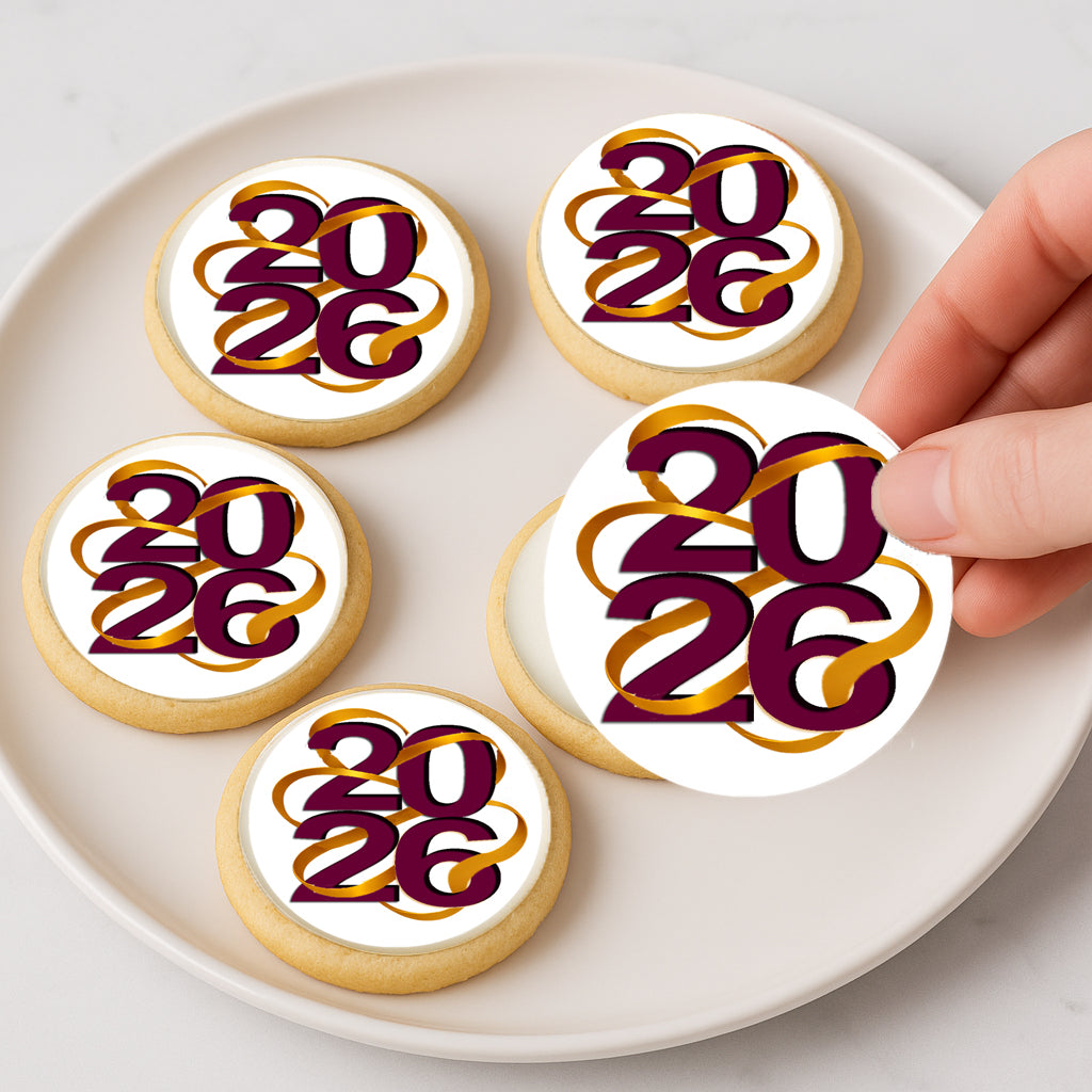 Custom Edible Cake Topper – Winding Ribbon New Year  Design – Icing Sheet Cookie & Cupcake Images –20 Pre-cut 2” Round– RA Pape