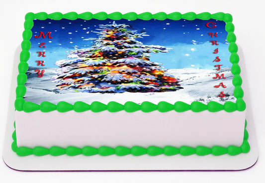Wintery Snow Covered Trees Christmas Edible Image Sheet Cake Topper