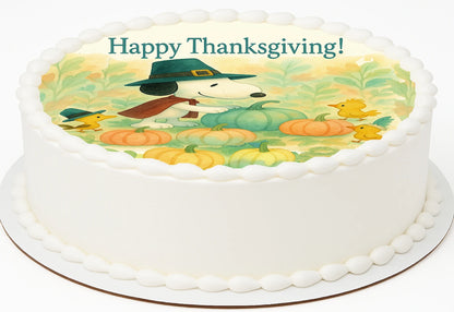 Thanksgiving cake topper with Snoopy and Woodland in a pumpkin patch with fall leaves precut edible image, 'Happy Thanksgiving' text.