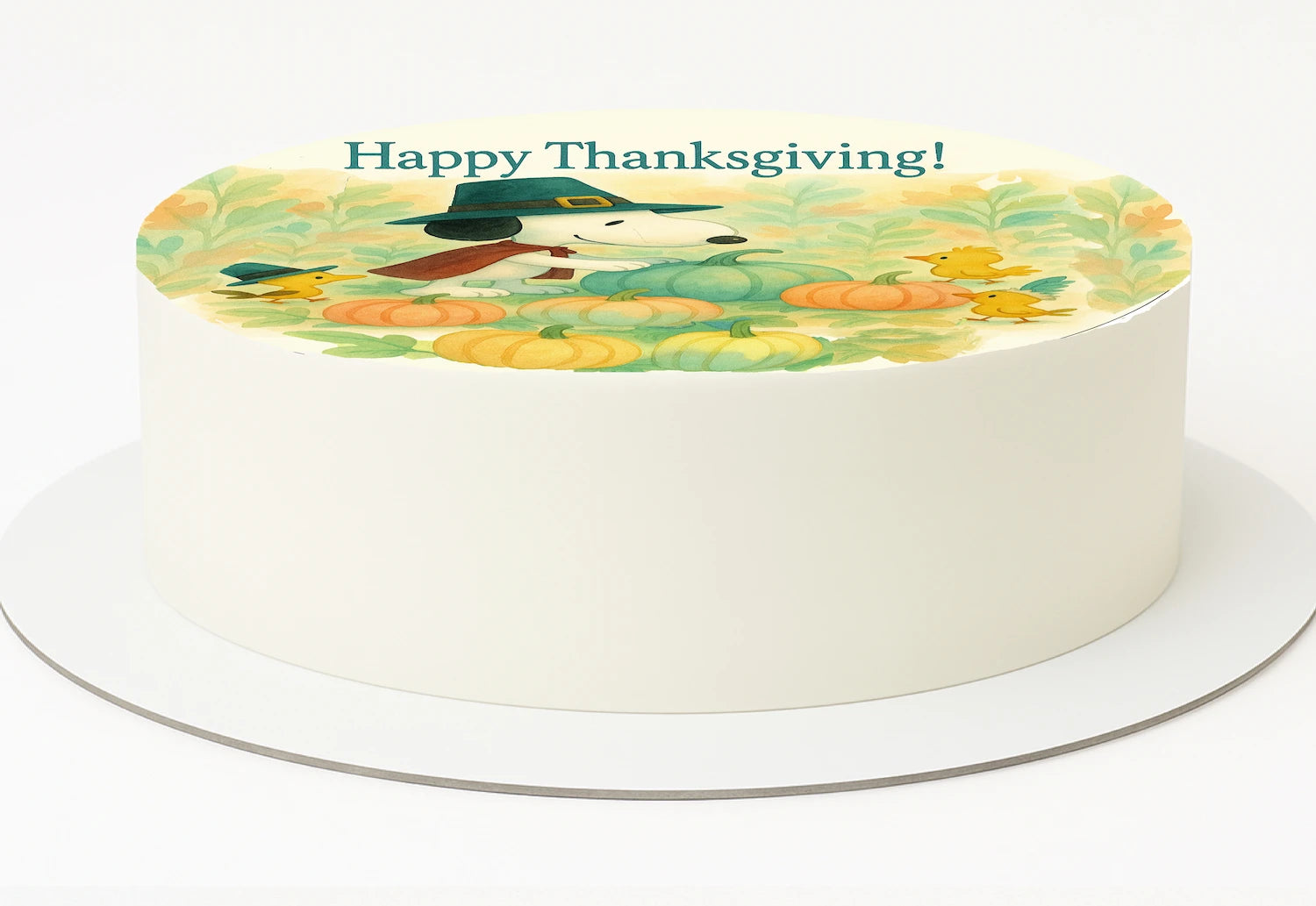Thankksgiving Snoopy and woodstock with pumpkin on a colorful edible image cake topper